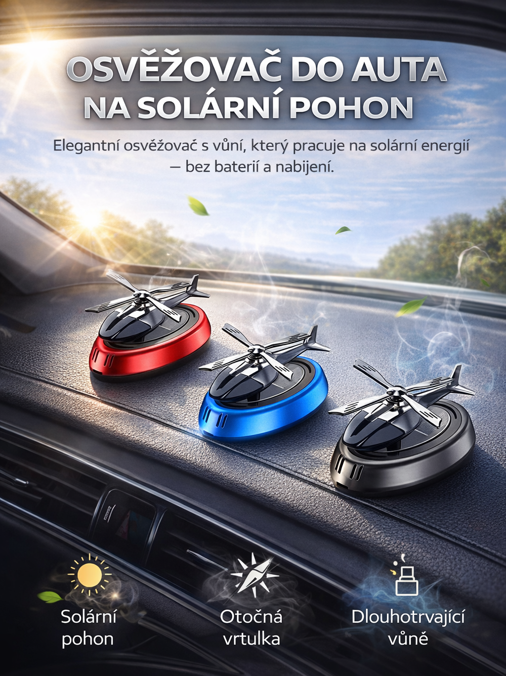 Solární osvěžovač do auta s rotujícím ventilátorem + vůně